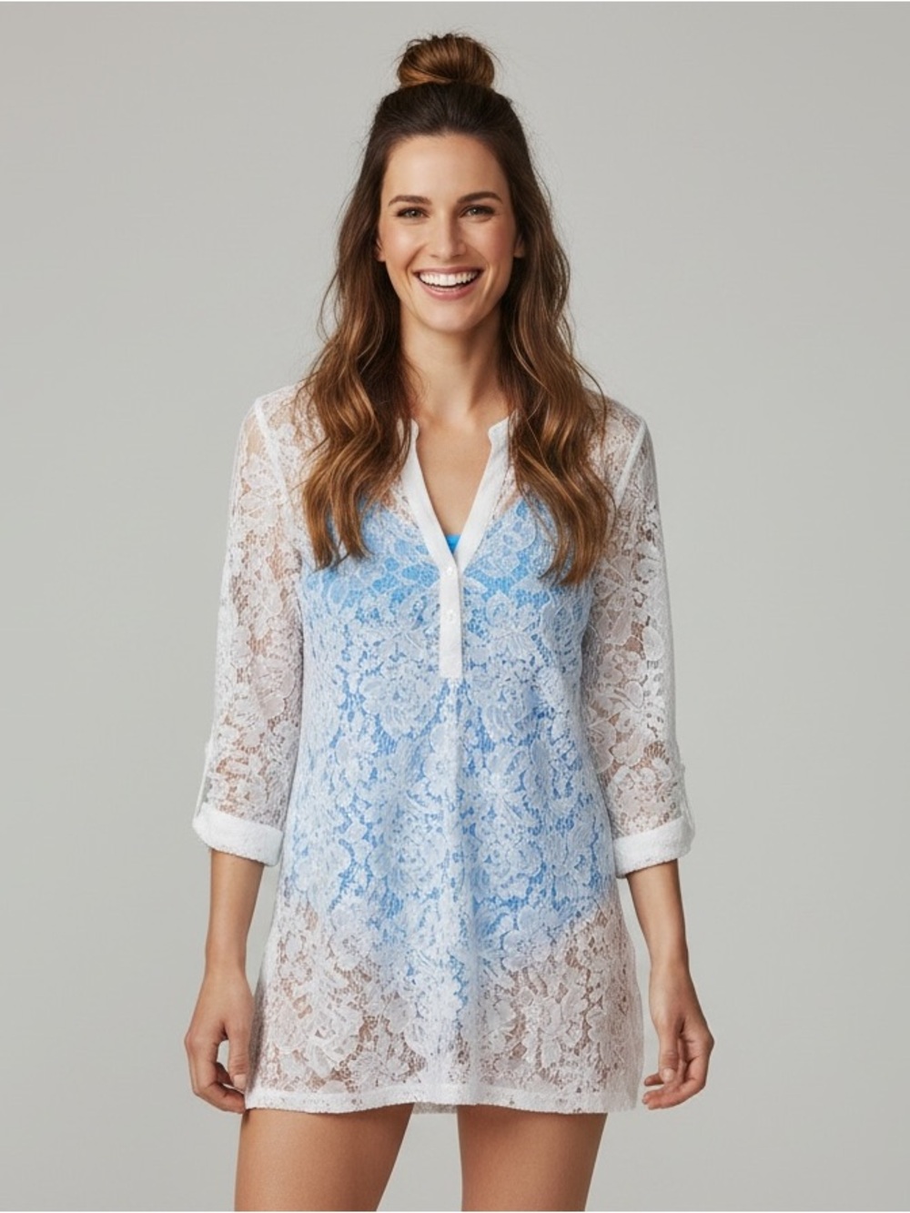 Tyler Boe White Sheer Floral Lace Popover Splitneck Tunic/BathingSuit Cover Med.